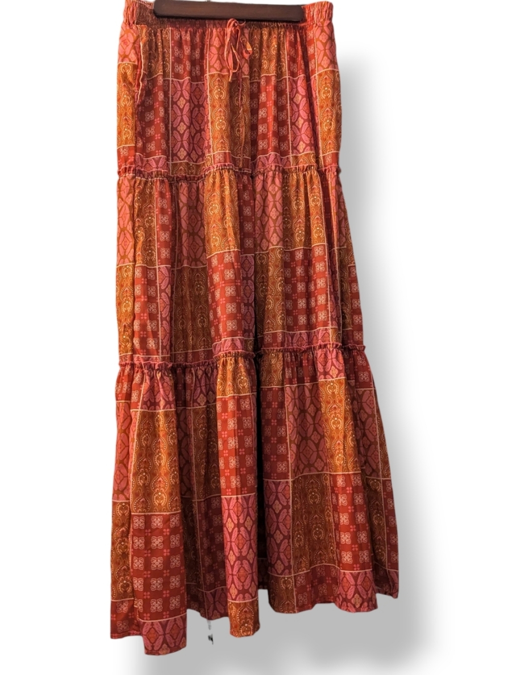 Bohemian Tiered Maxi Skirt in Rust Pink W/Drawstring And Pockets Sz XL